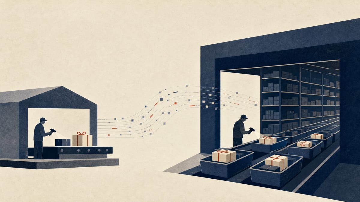 Editorial illustration of hometown-tax order operations moving from a small service hub to a larger e-commerce fulfillment network.