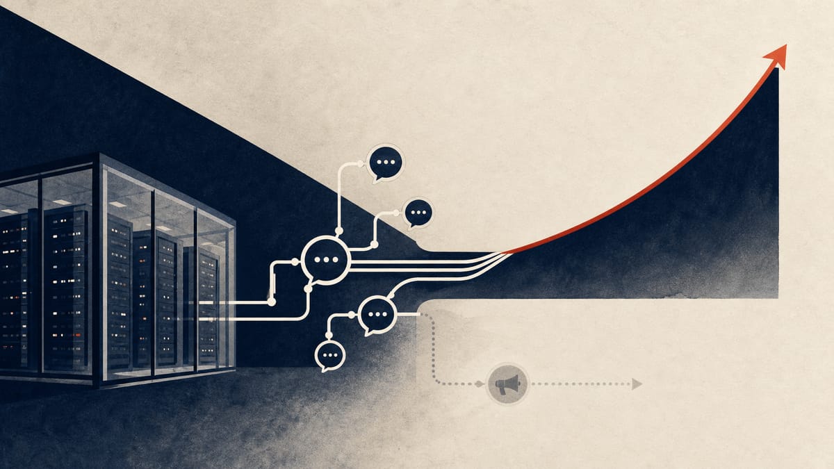Editorial illustration of enterprise AI workflows feeding into a rising profit curve.