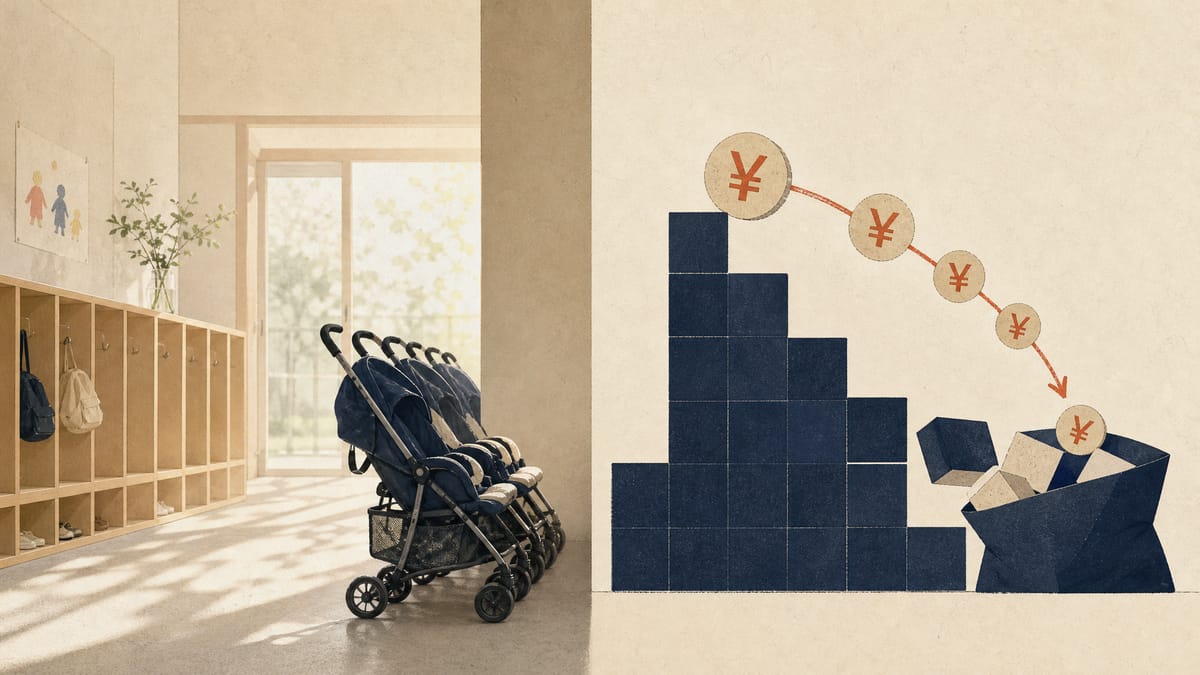 Editorial illustration of a nursery hallway with strollers and cubbies alongside abstract share blocks representing a buyback.
