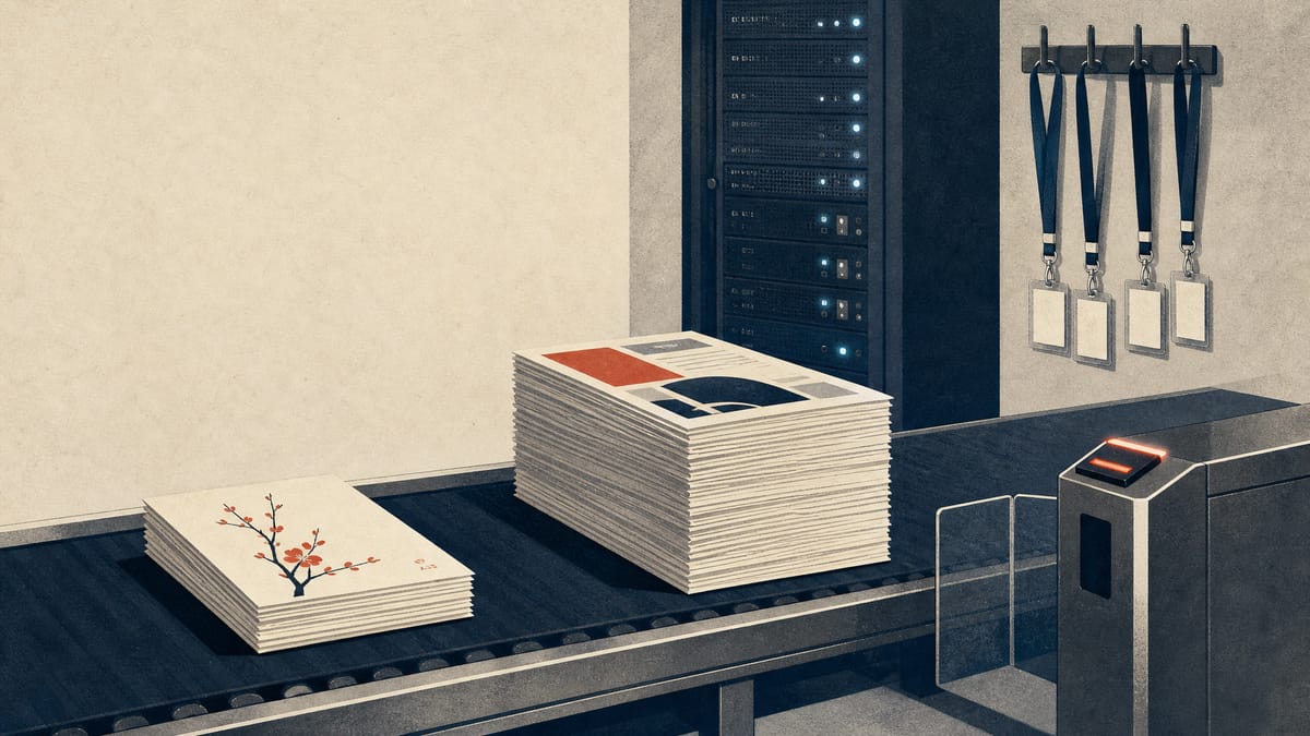A commercial print line with thinning greeting-card stock beside promotional flyers and nearby security equipment.