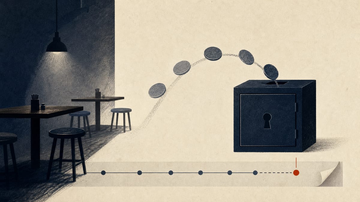 Editorial illustration of restaurant seating with abstract share tokens moving into a treasury box beside a calendar timeline.