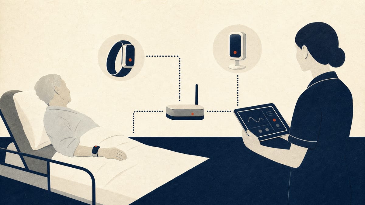Editorial illustration of nursing-care devices and an IoT gateway linked to software systems.