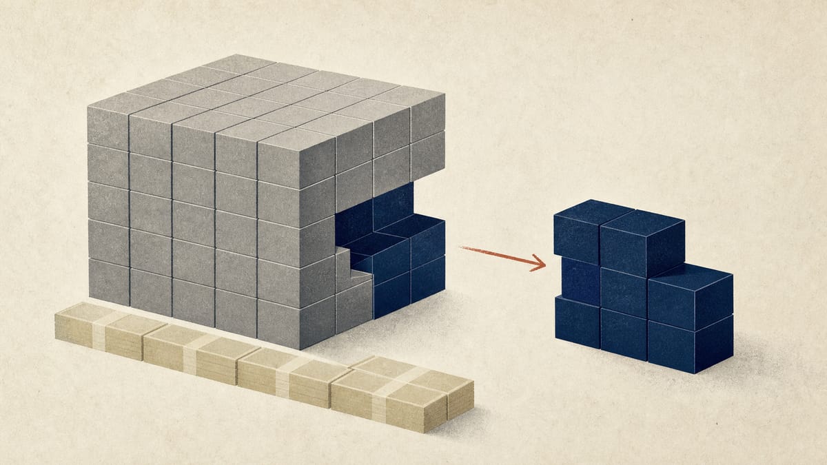 Abstract editorial image showing a large block of shares moving across a market grid with cash bands beneath it.