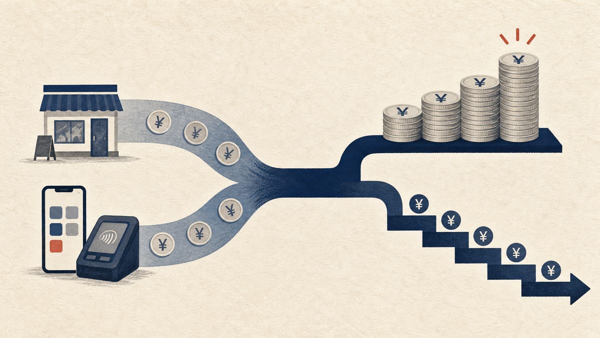 Editorial illustration of merged cash flows from store app and payment businesses feeding dividend payouts and loan repayment.