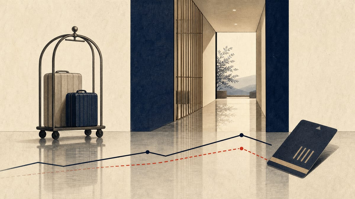 Editorial illustration of hotel luggage carts and keycards with abstract occupancy and rent lines.