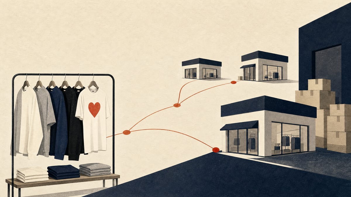Editorial illustration of a fashion retail expansion, with clothing racks, shipping boxes and store fixtures suggesting openings in multiple cities.