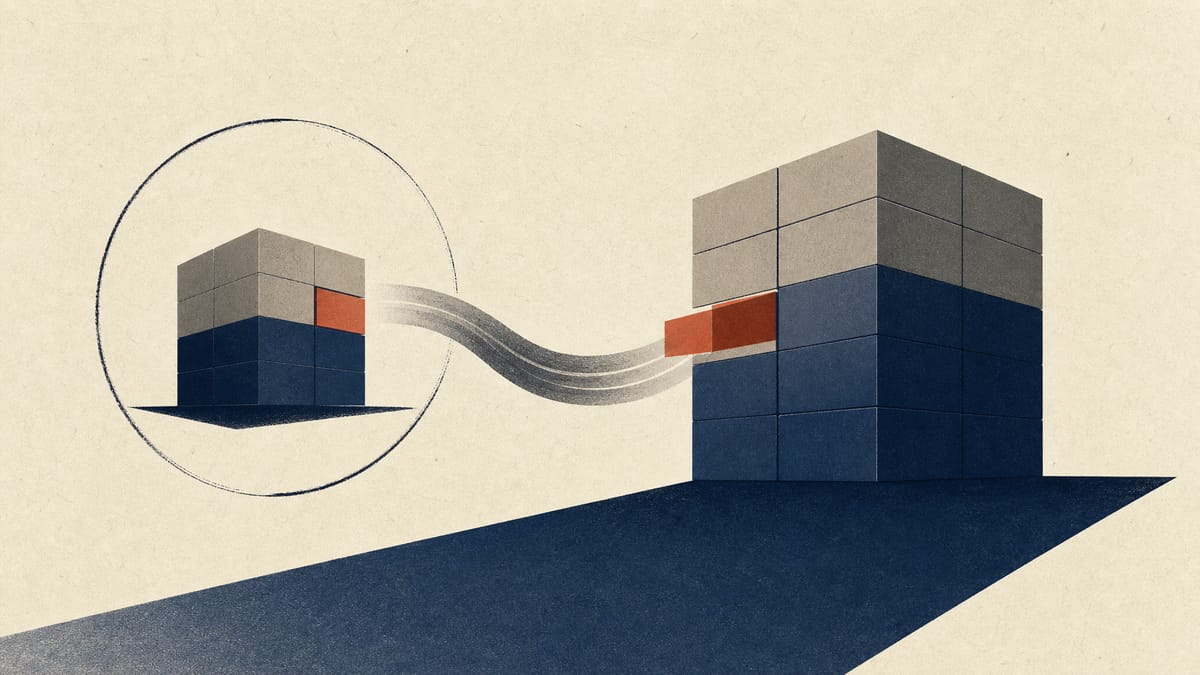 Abstract editorial image showing control of one company passing to a holding company, with one highlighted block representing preferred shares.