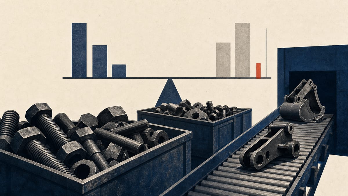 Editorial illustration of industrial bolts and machine parts on a factory line, suggesting manufacturing profits and a share buyback.
