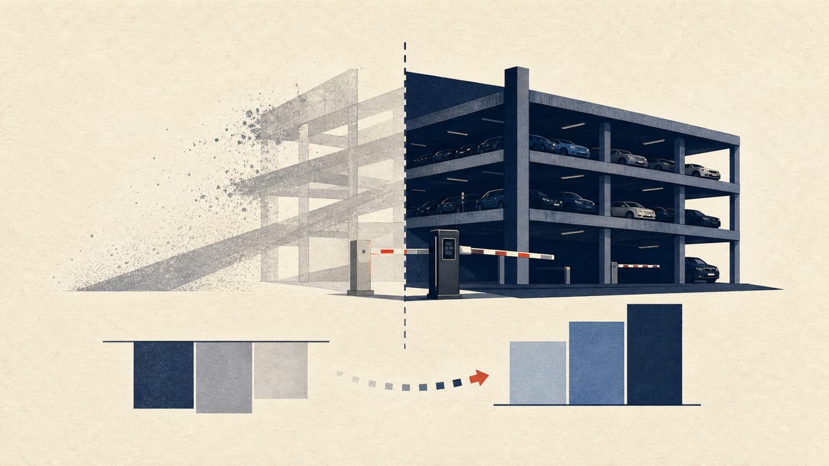 Illustration of a parking structure split between reduced and active sections, with abstract accounting blocks suggesting restructuring losses and deferred tax assets.