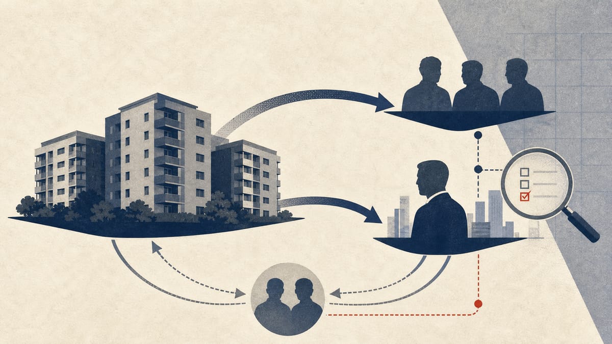 Abstract illustration of apartment assets, looping buyback arrows, fund cash flows and audit checkpoints.