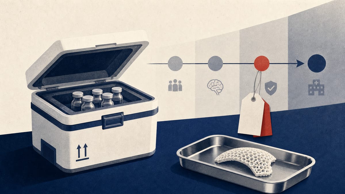 Editorial illustration of cell-therapy vials, a transport case and an abstract clinical-trial milestone track.