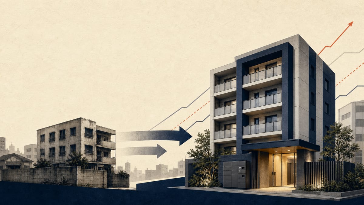 Editorial illustration of a modern rental apartment building with subtle graphics suggesting rent growth and portfolio rotation.