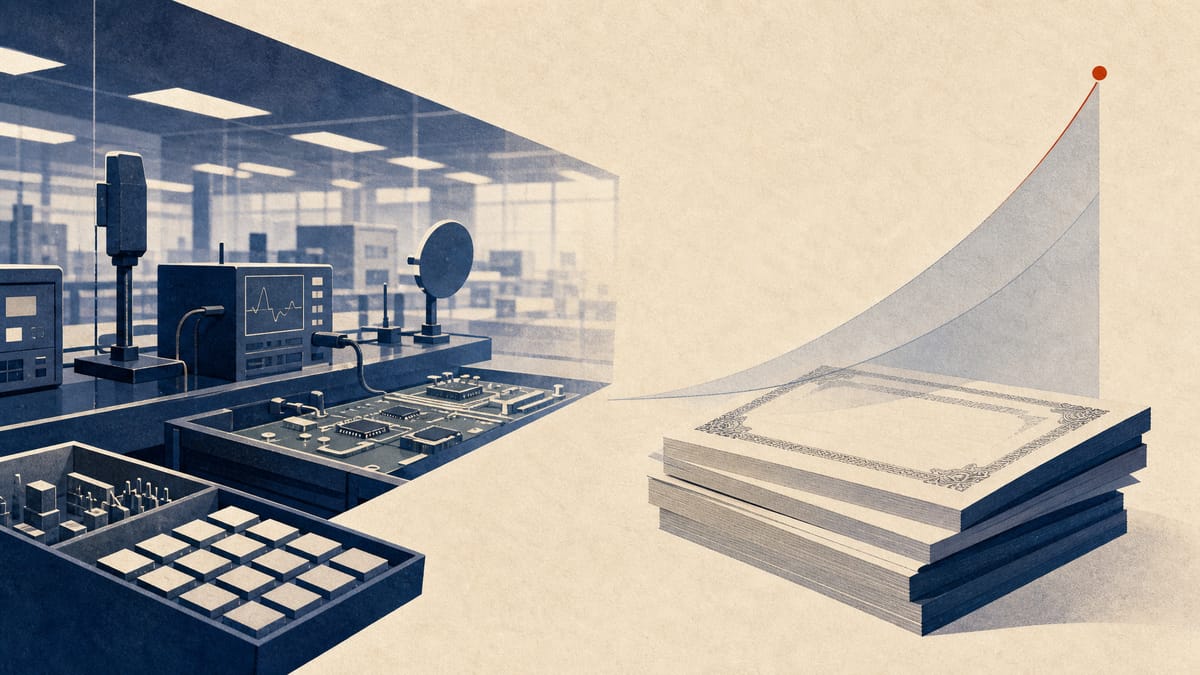 Editorial illustration of a communications-equipment production line with testing gear and abstract valuation graphics.