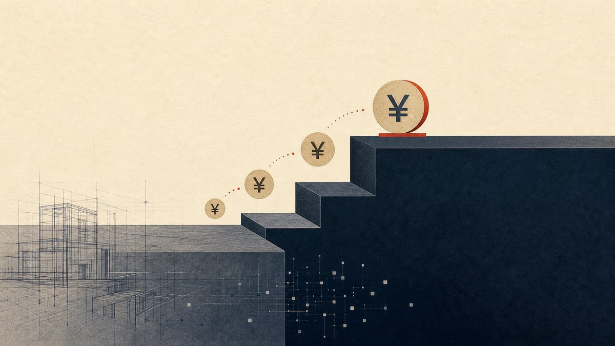 Editorial illustration showing a stepped market tier structure and a rising stack of yen tokens beside abstract property-grid data.