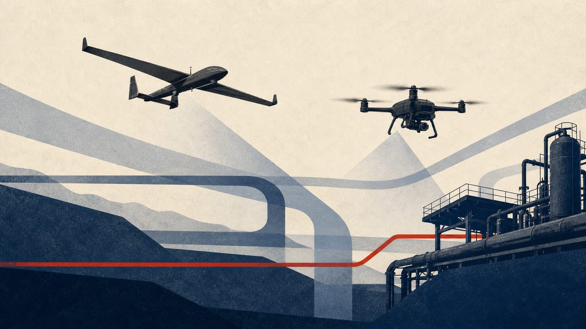 Editorial illustration of drones above air-traffic paths and industrial infrastructure.