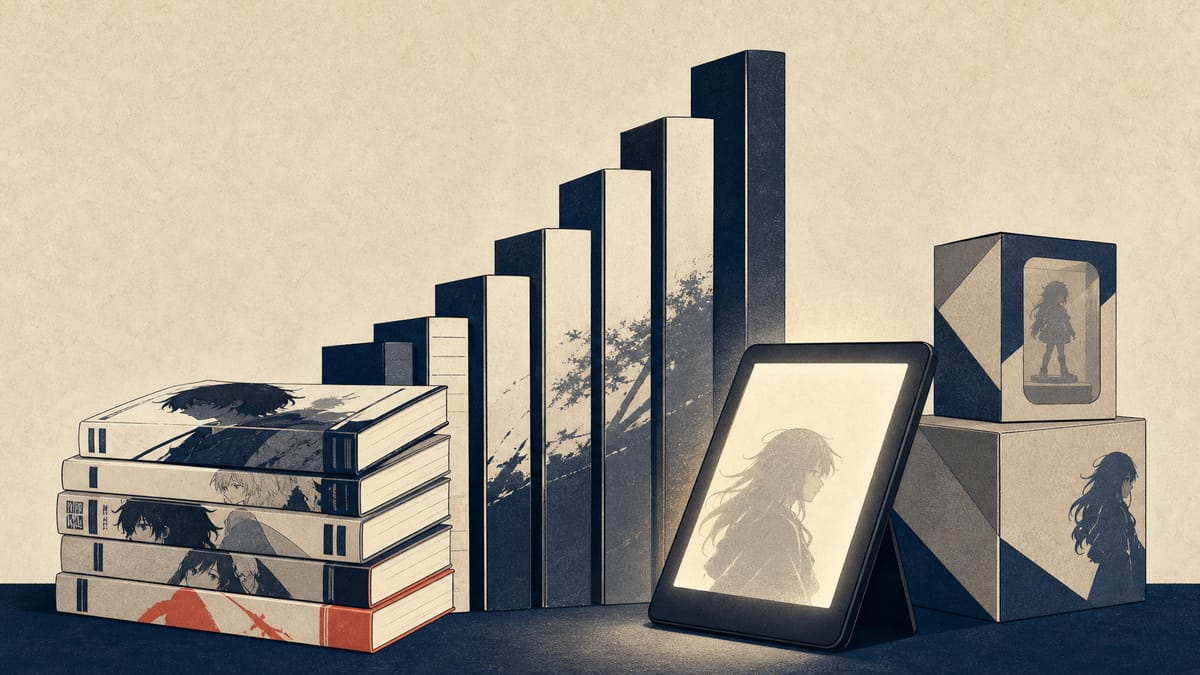Editorial illustration of books, an e-reader and packaged merchandise symbolising TO Books' growth in digital publishing and media-mix revenue.