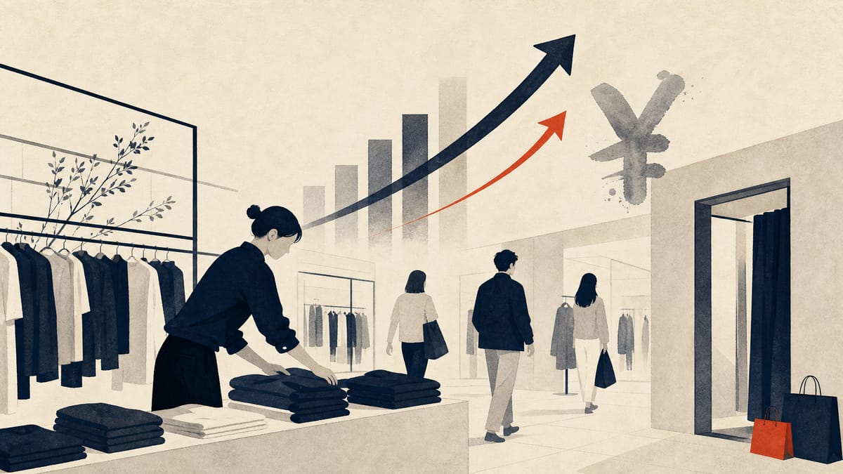 Editorial image of a modern fashion retail interior with staff restocking clothing and shoppers moving through the store.