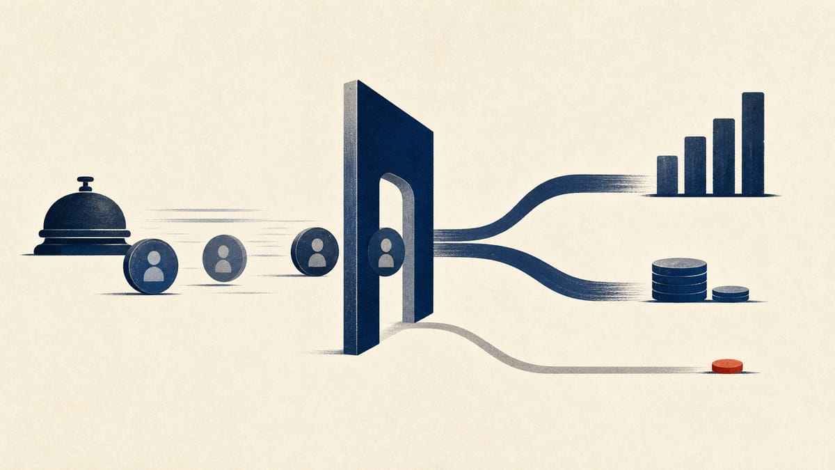 Editorial illustration of hotel booking and payment flows splitting into revenue and interest streams.