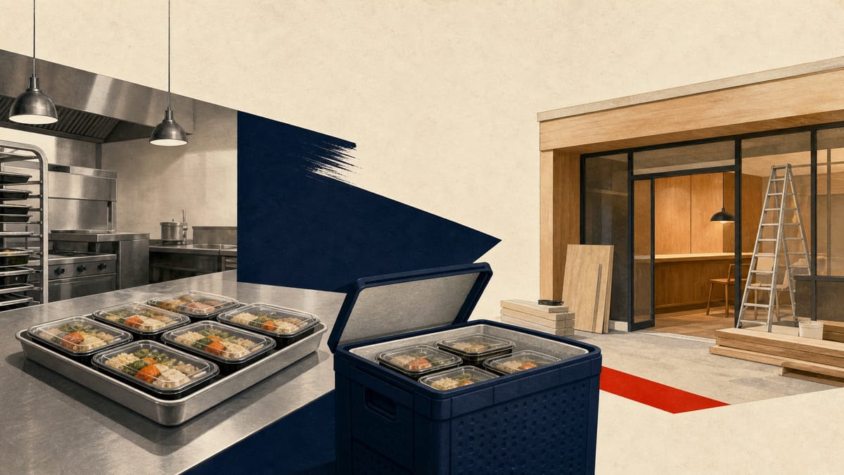 Prepared meal containers and insulated delivery crates in a commercial kitchen, with restaurant fit-out materials in the background.