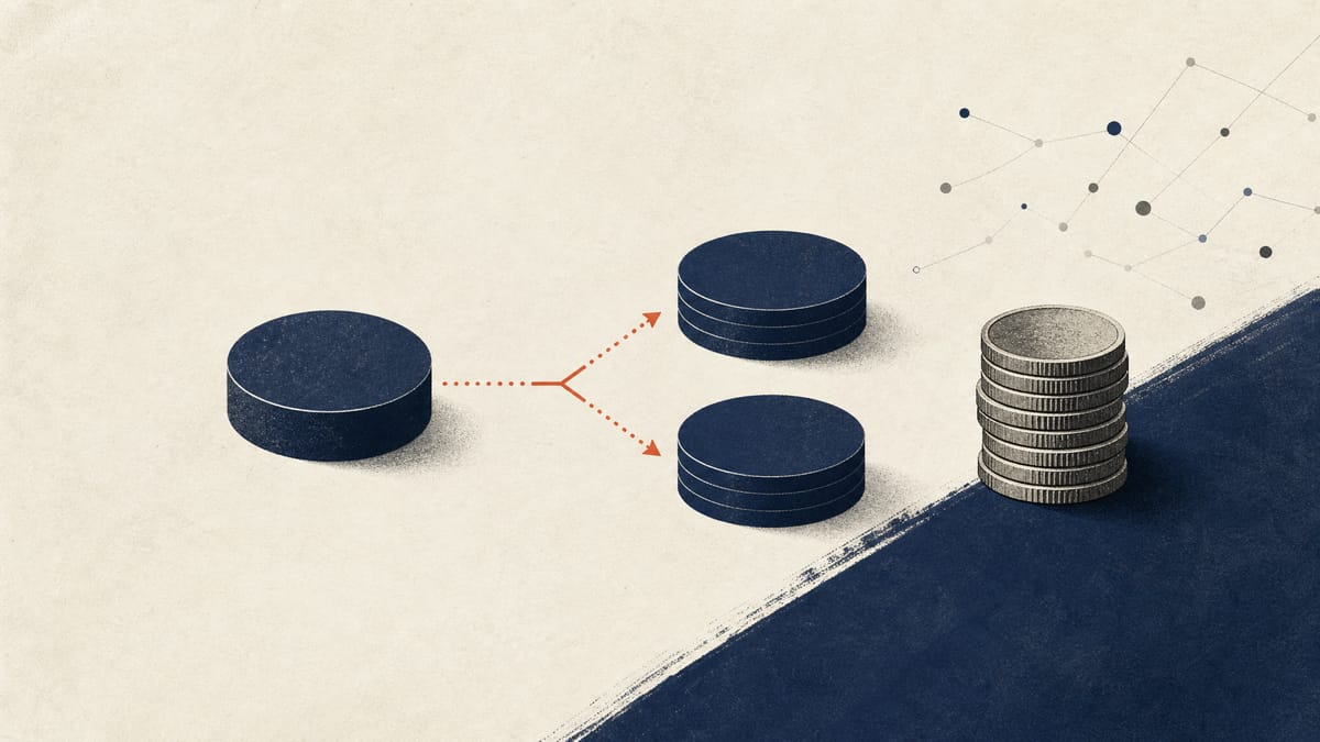 Editorial illustration of shares splitting into two equal stacks beside unchanged dividend tokens