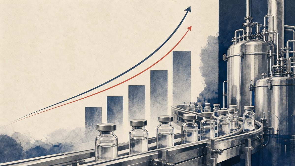 Editorial illustration of a pharmaceutical production line with vials and abstract data overlays suggesting a rebound in revenue and profits.