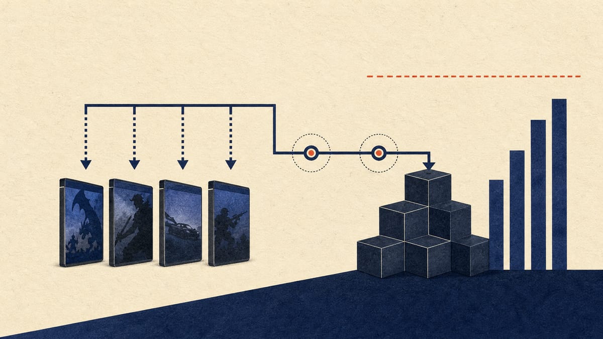 Abstract illustration of generic game software and download flows feeding into ledger blocks and audit checkpoints.