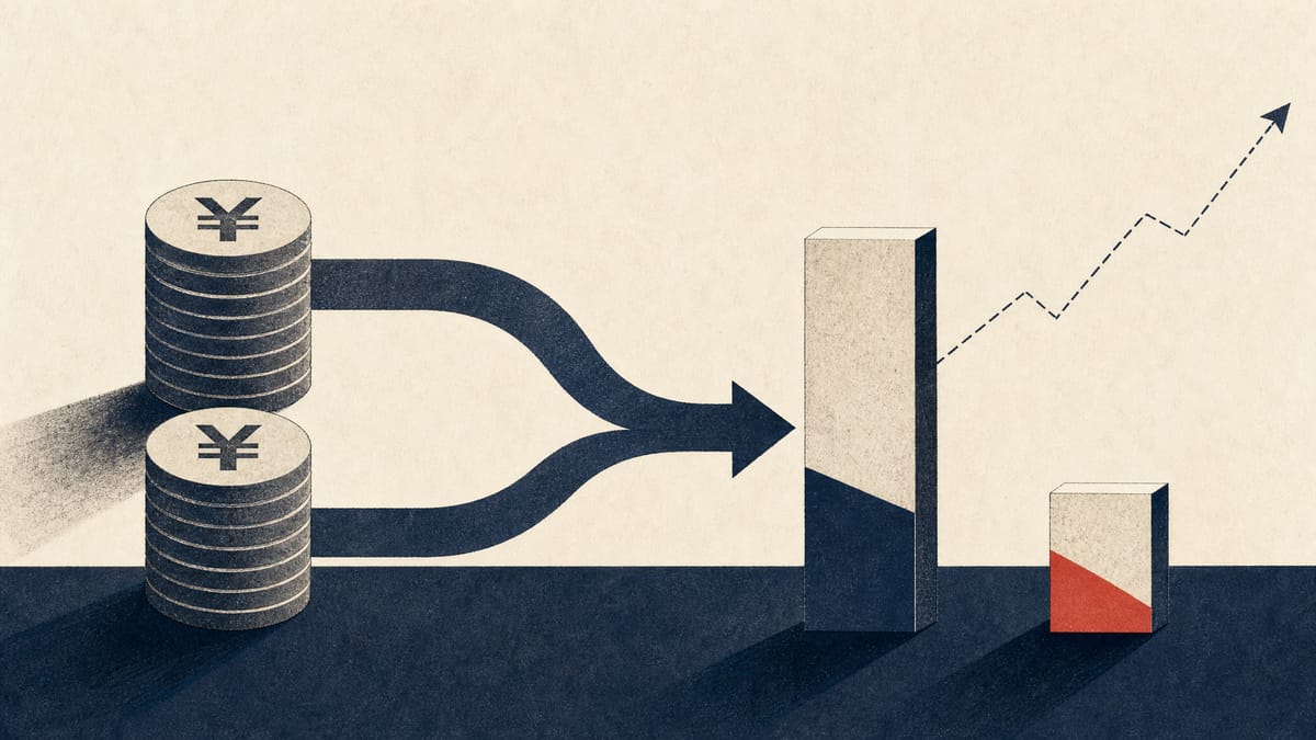Illustration of two dividend streams shown as stacks of yen coins and payout bars, with the ordinary payout larger than the special payout.