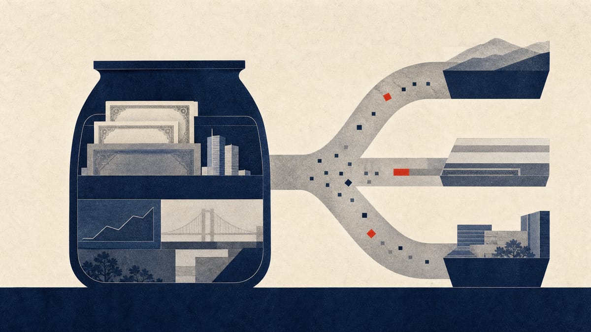 Editorial illustration of bond-like instruments and reserve containers representing an insurer’s earnings mix and asset base.