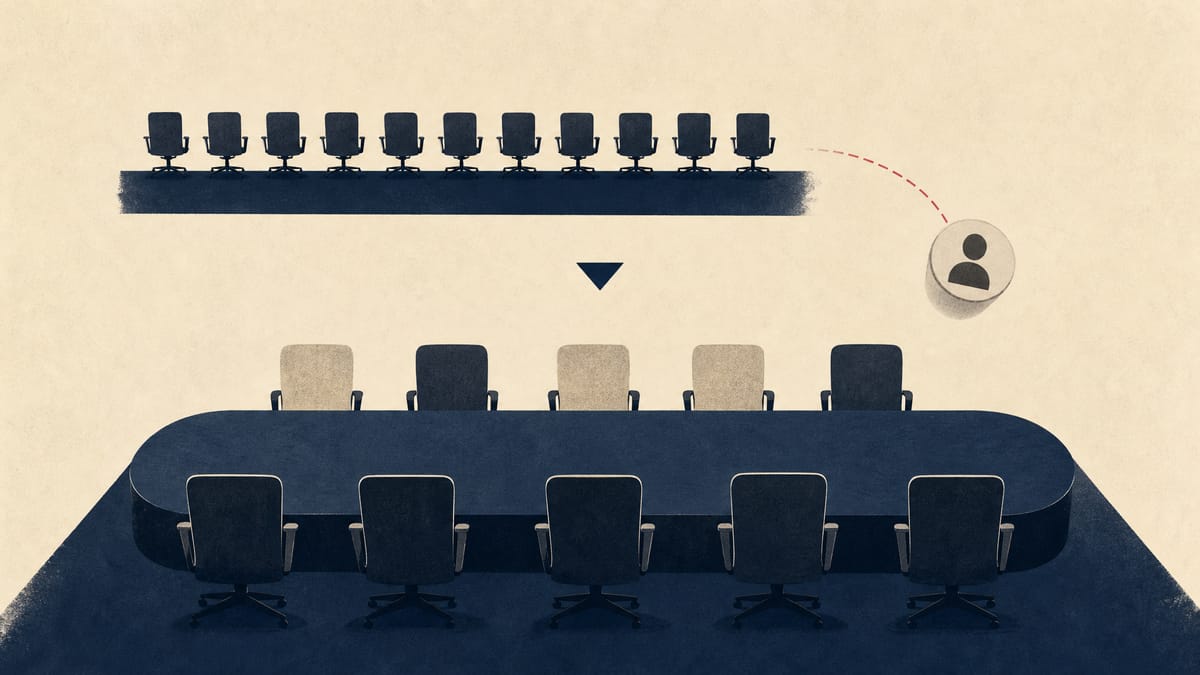 Editorial illustration of a board seating layout reduced from 11 chairs to 10, with five chairs marked out as outside directors.
