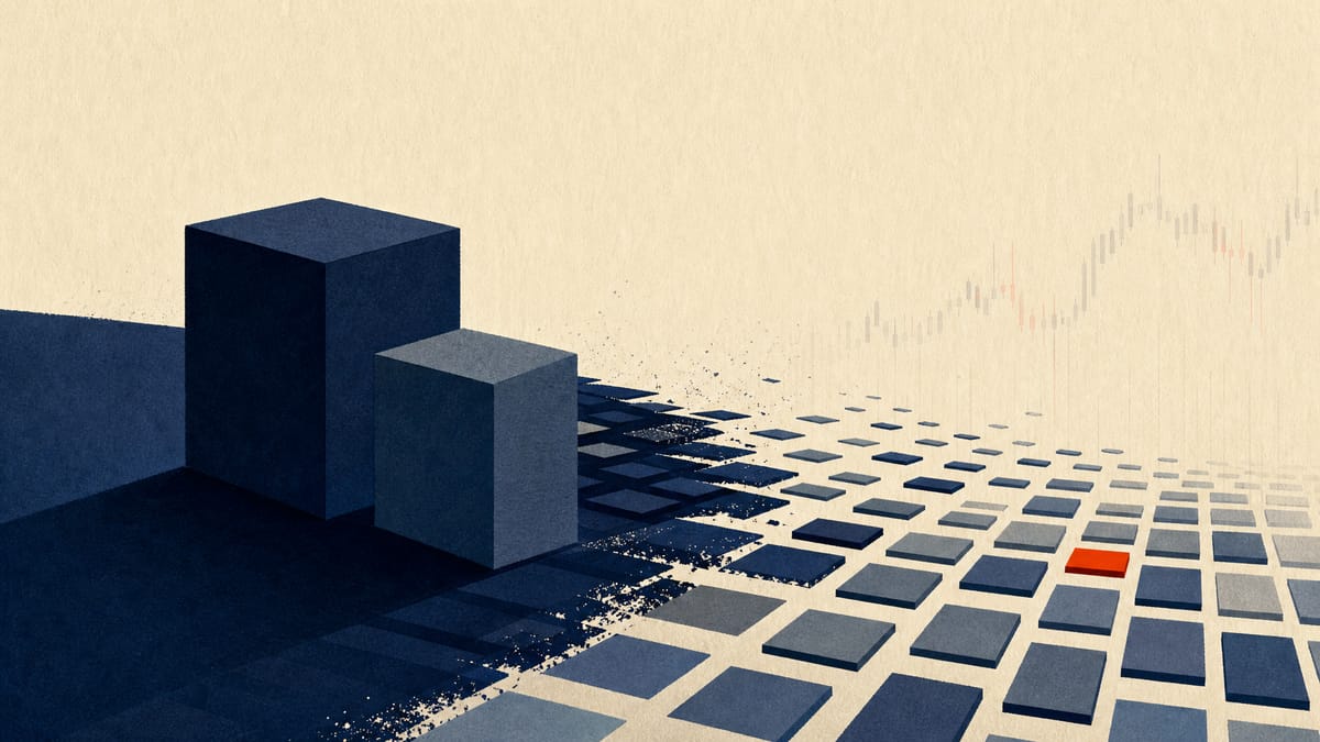 Abstract editorial image of two large shareholding blocks shrinking as ownership spreads among many smaller holders.