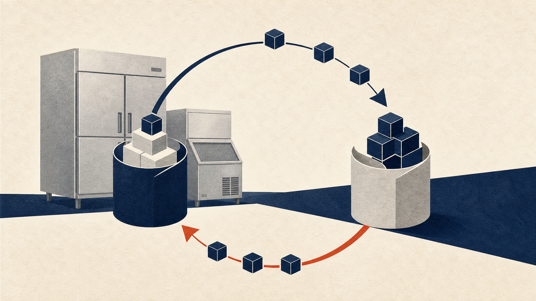 Abstract illustration of commercial kitchen equipment and share blocks circling through an allotment and buyback loop.