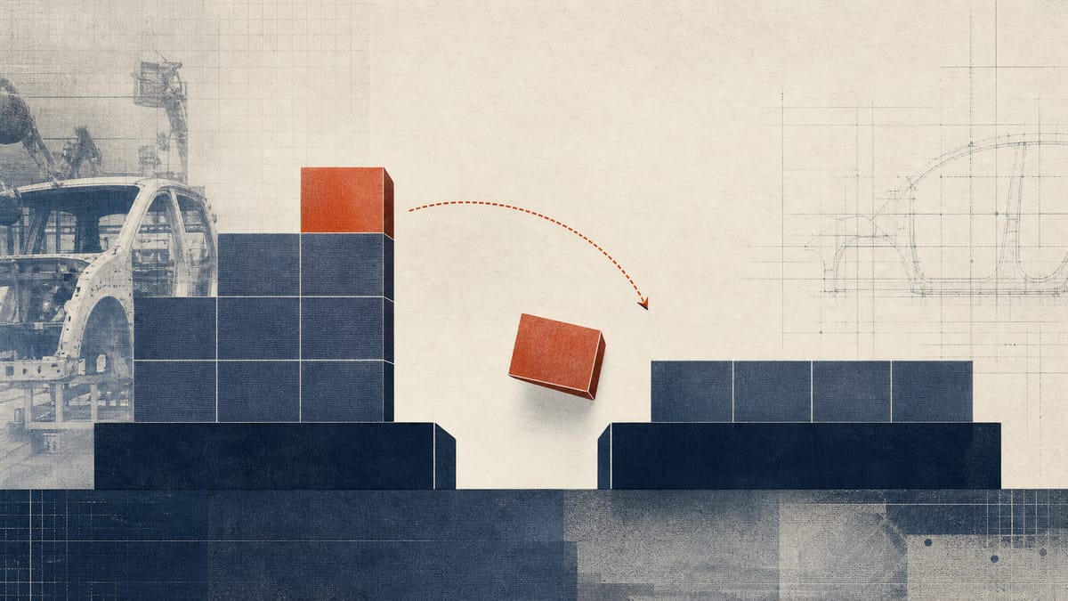 Abstract editorial illustration of shifting ownership stakes between two listed companies, shown as stacked share blocks and percentage markers.