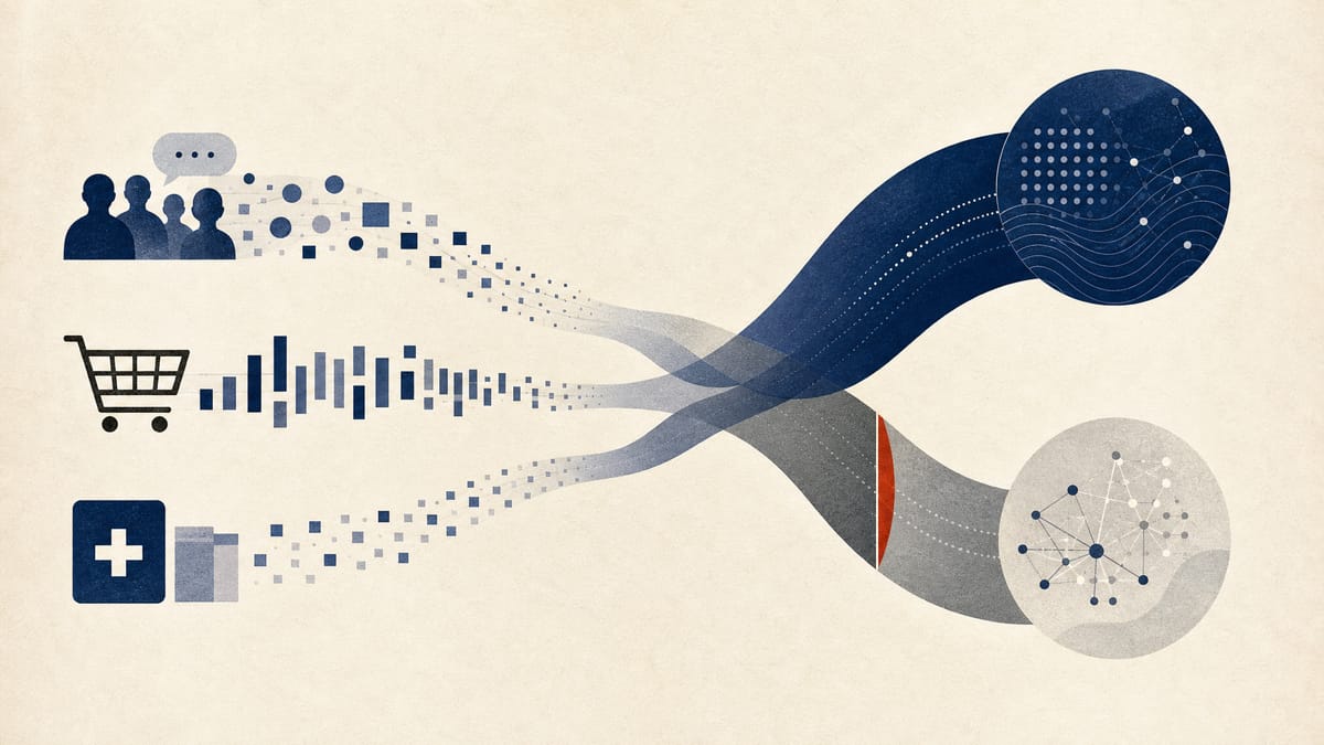 Abstract editorial illustration of three business data streams converging into two larger analytics channels.