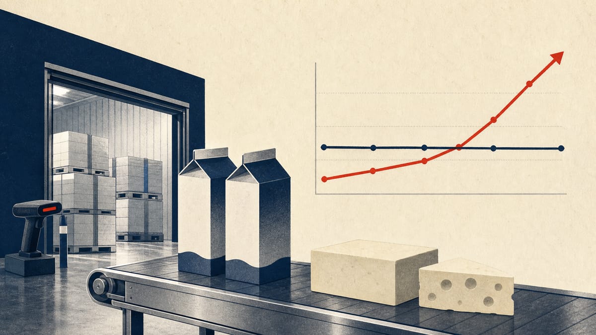 Editorial illustration of dairy products moving through a refrigerated warehouse with an abstract chart showing flat sales and rising profit.