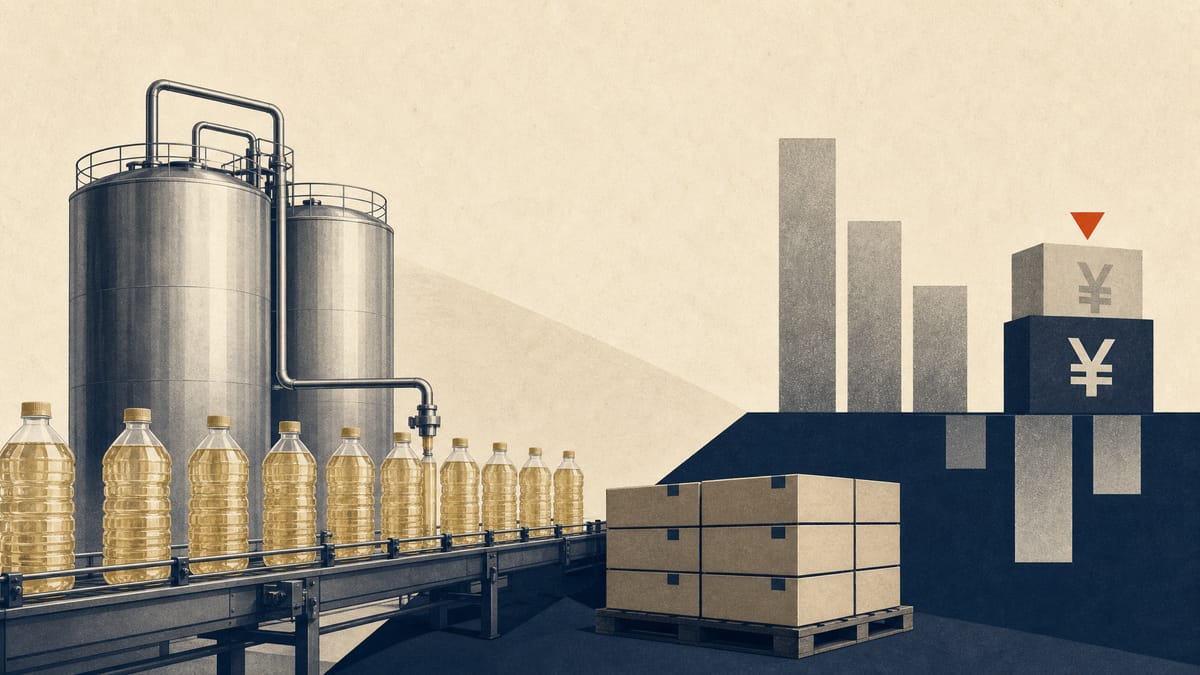 Editorial illustration of an edible-oil bottling line with stainless storage tanks, conveyors and stacked cartons.