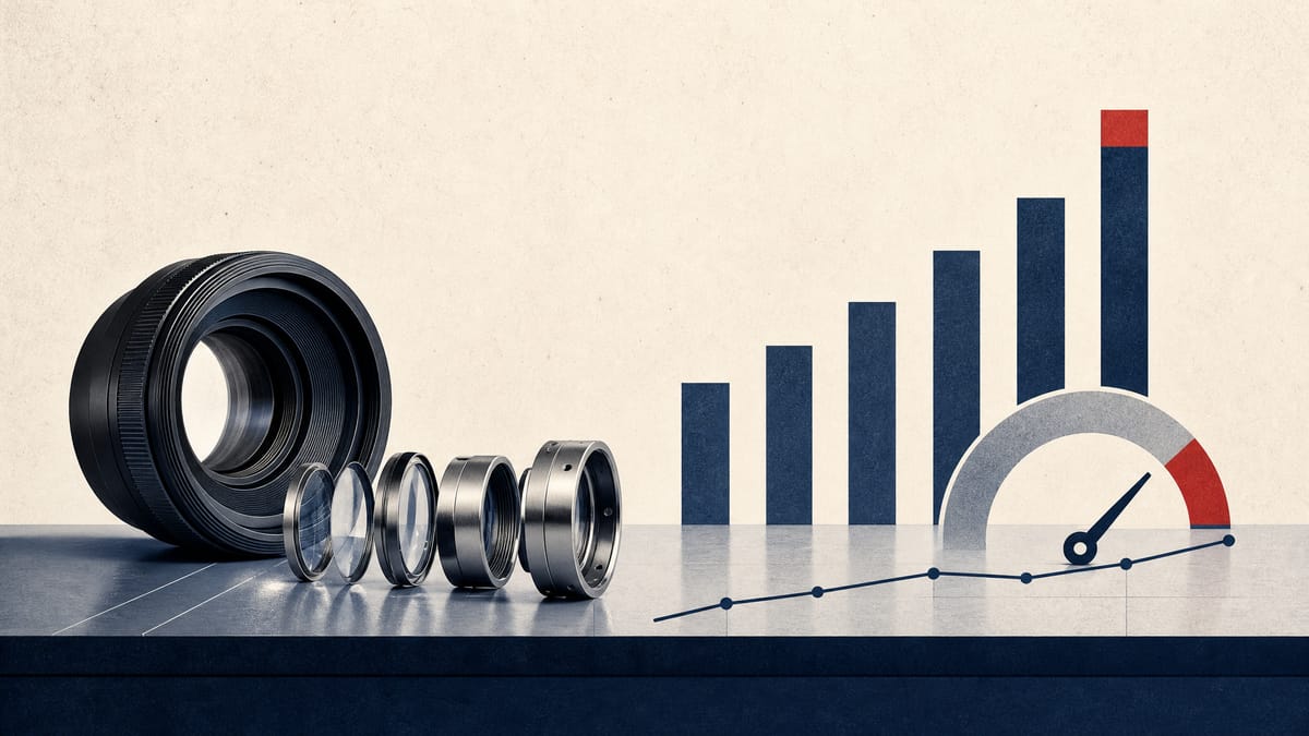 Editorial illustration of optical lens components beside abstract dividend bars and ratio markers.
