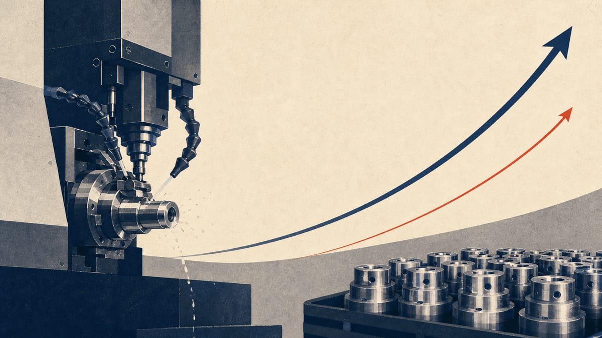 Editorial illustration of a precision machine-tool factory floor with metal components and abstract growth lines.