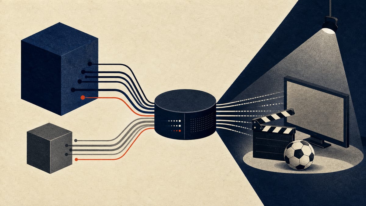 Editorial illustration of streaming servers and network lines merging into one media hub, with one larger and one smaller ownership block.