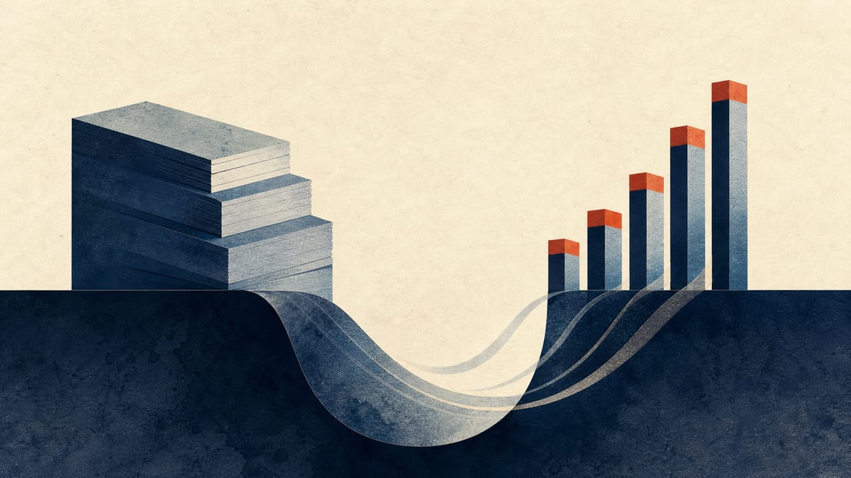 Abstract editorial illustration of a bank balance sheet recovering, with rising bars and layered lending blocks.