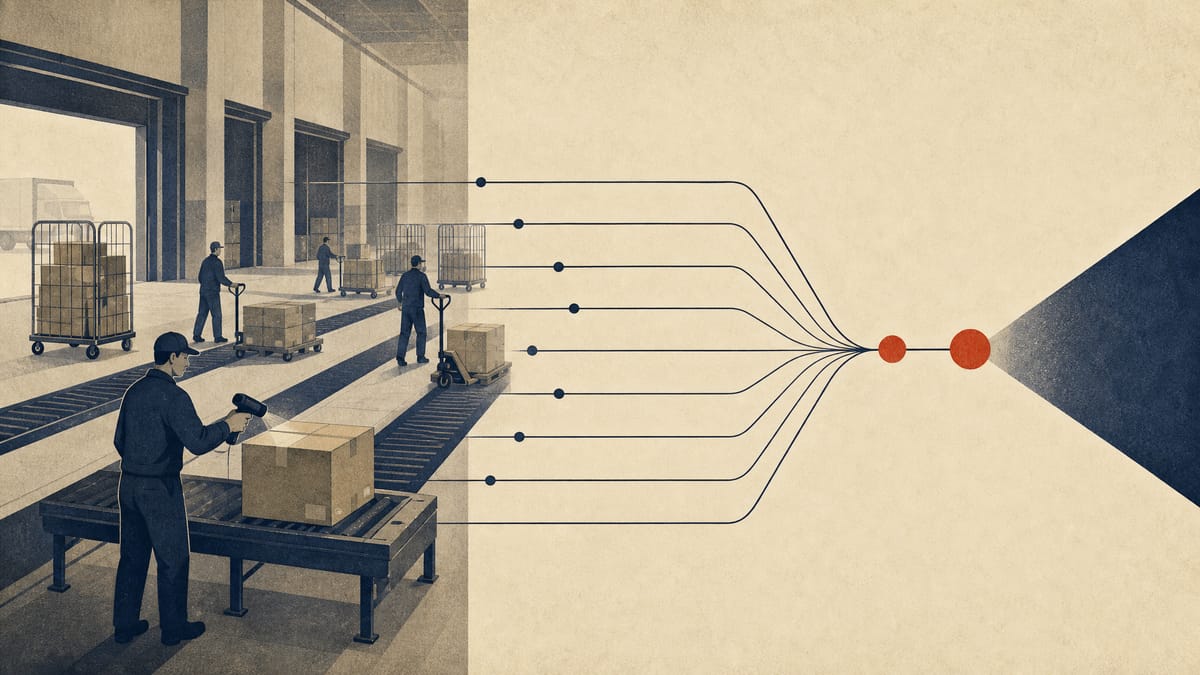 Editorial illustration of a logistics hub where routine workflows are separated from a few highlighted strategic decision points.