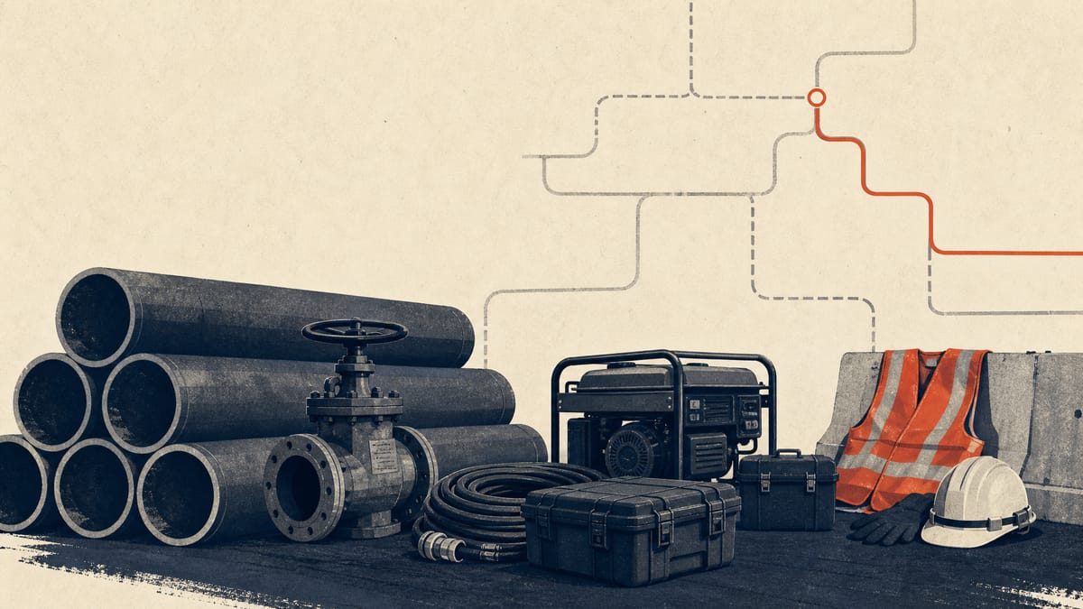 Editorial illustration of gas-network emergency repair equipment and safety gear staged in an industrial depot.