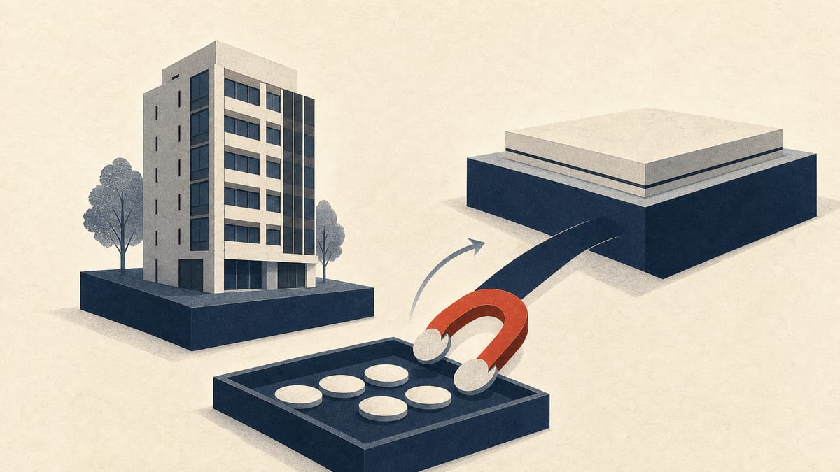 Editorial illustration of property models, repurchased share tokens and a raised market-tier platform.