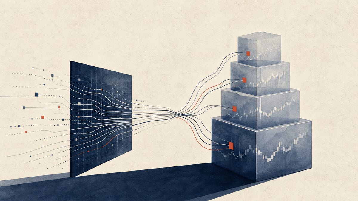 Abstract editorial illustration of market data lines feeding into stacked yen-value blocks.