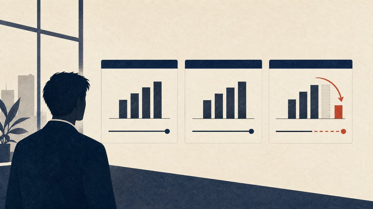 Abstract financial dashboard showing one per-share figure revised lower while revenue and profit targets stay unchanged.