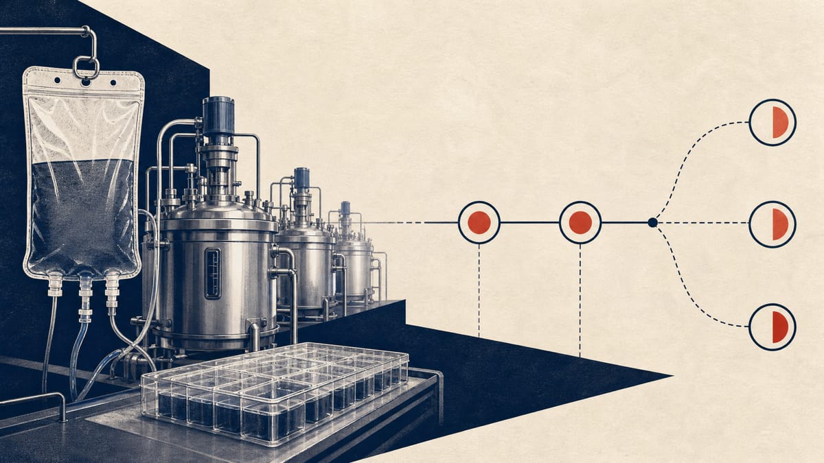 Editorial illustration of a bioprocessing line with milestone markers and abstract stock-option nodes.