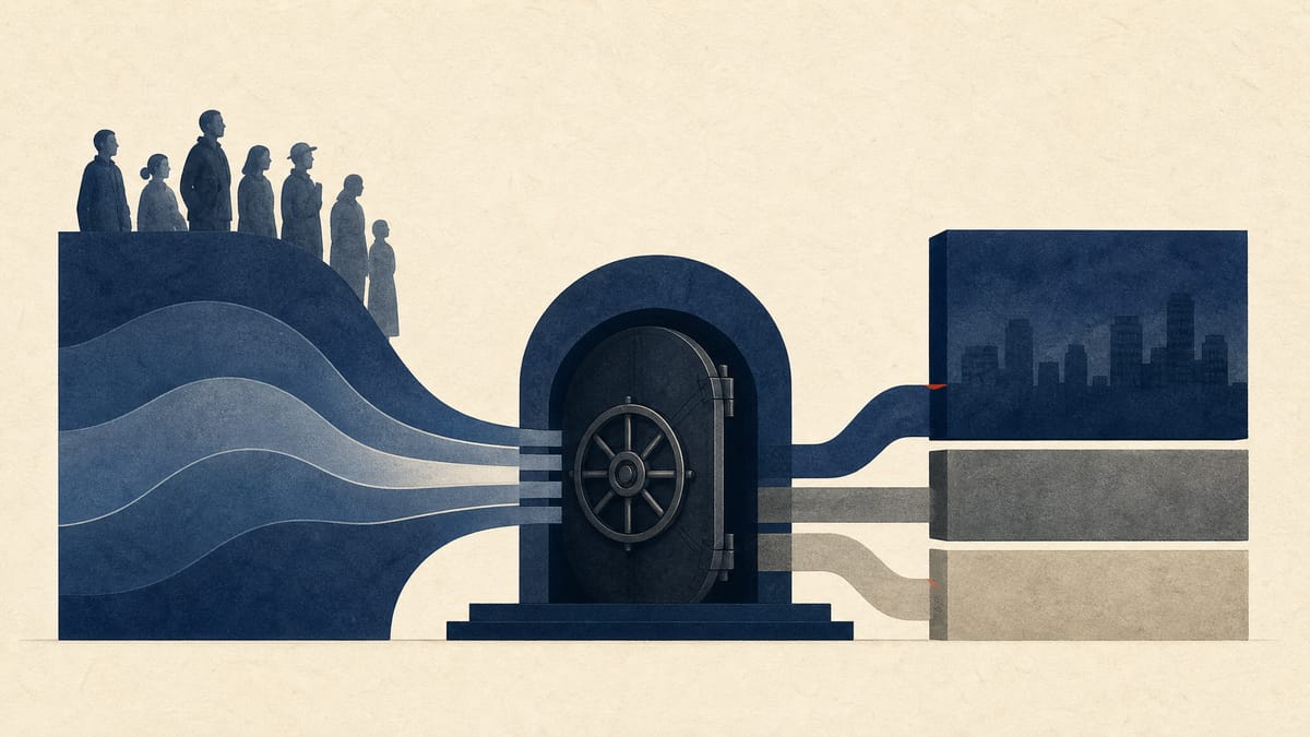 Abstract editorial illustration of deposit, loan and securities flows converging into a central regional bank balance-sheet hub.