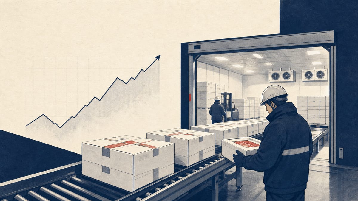 Editorial illustration of a refrigerated food distribution center with boxed food moving through a warehouse.