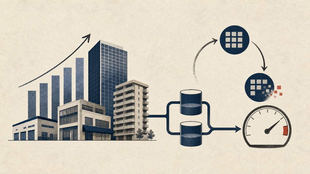 Editorial illustration of a diversified property portfolio with rent flows, reserve support and a buyback loop feeding a payout gauge.