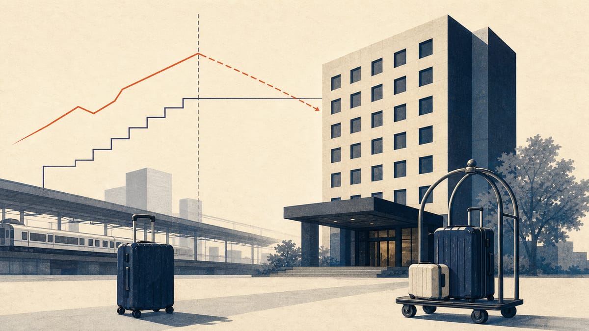 Editorial image of a business hotel near a station with luggage and subtle financial overlays.