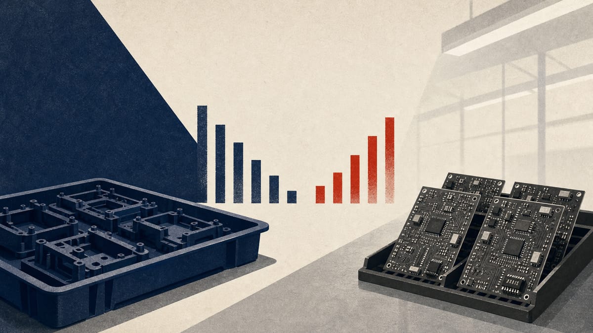Editorial illustration of plastic parts and printed circuit boards in a factory setting, with contrasting data bars suggesting different profit trends.